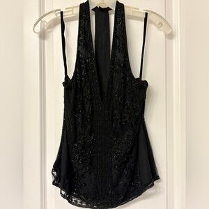 Polo Ralph Lauren Elegant Black Lace Beaded V Neck Women's Top